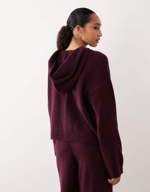 ASOS DESIGN fluffy knitted oversized hoodie in plum (part of a set), 4 of 4