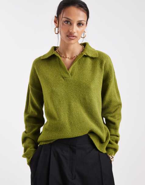ASOS DESIGN fluffy knitted polo top in olive