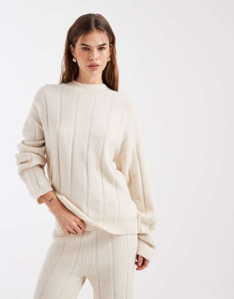 ASOS DESIGN fluffy knitted ribbed jumper in ecru (part of a set) - view 1