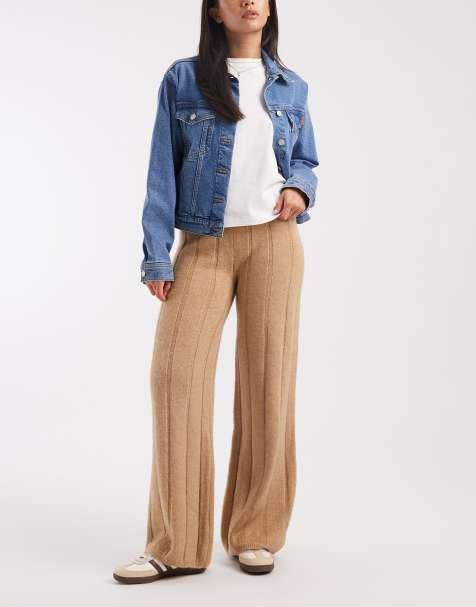 ASOS DESIGN fluffy knitted ribbed trouser co-ord in brown - view 1