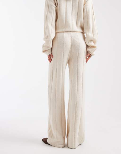ASOS DESIGN fluffy knitted ribbed trouser co-ord in ecru, 4 of 5