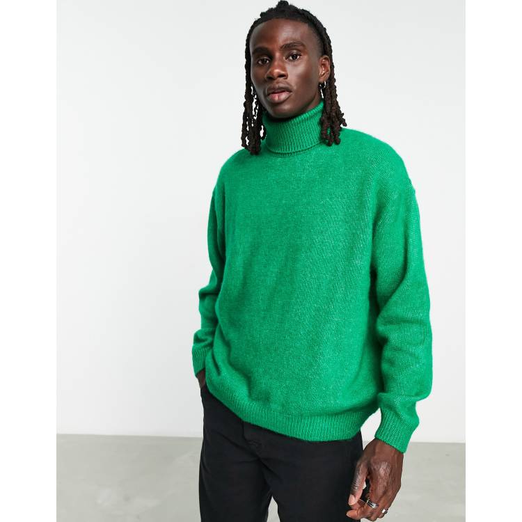 ASOS DESIGN fluffy knitted roll neck jumper in bright green ASOS