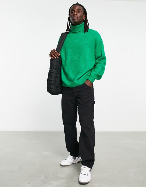 ASOS DESIGN fluffy knitted roll neck jumper in bright green | ASOS