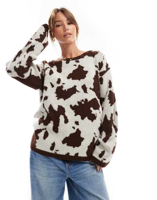 ASOS DESIGN fluffy knitted sweater in cow print ASOS