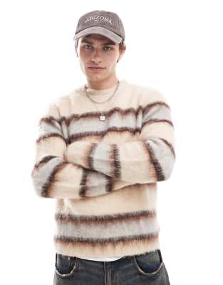 Asos Design Fluffy Knitted Sweater In Ecru And Brown Stripe-neutral