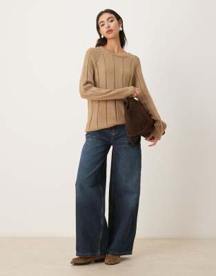 Asos Design Fluffy Knitted Sweater With Wide Rib Setting In Brown