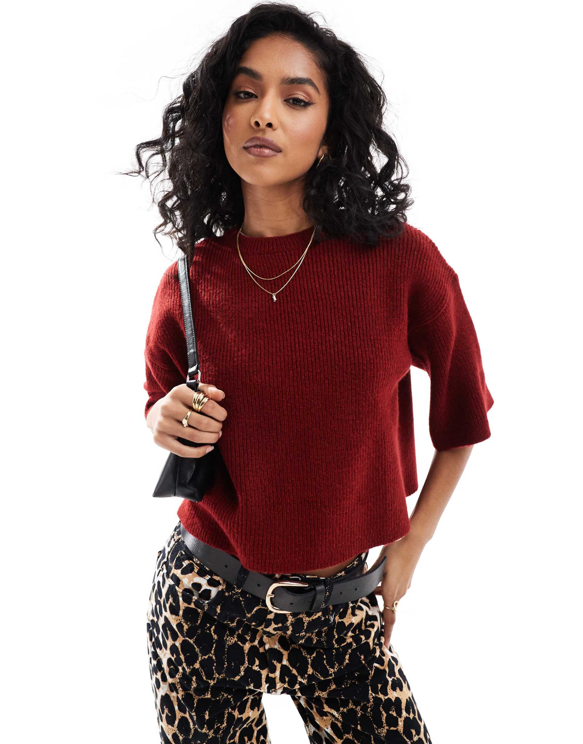 asos design fluffy knitted t-shirt in burgundy