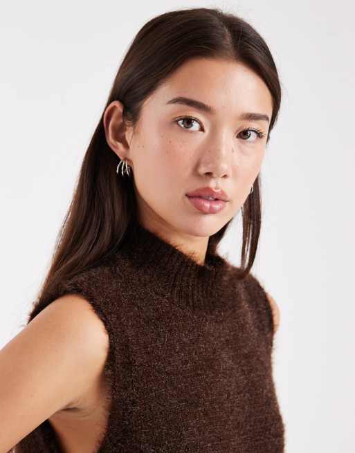 ASOS DESIGN fluffy knitted tank top with high neck in brown, 3 of 4