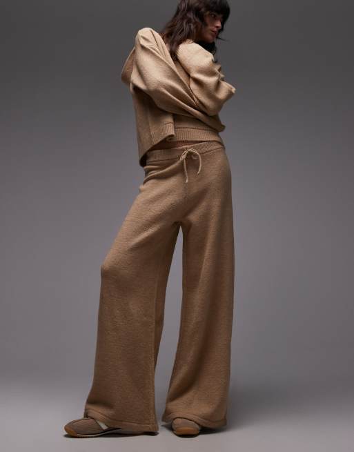 ASOS DESIGN fluffy knit wide leg pants in mocha - part of a set