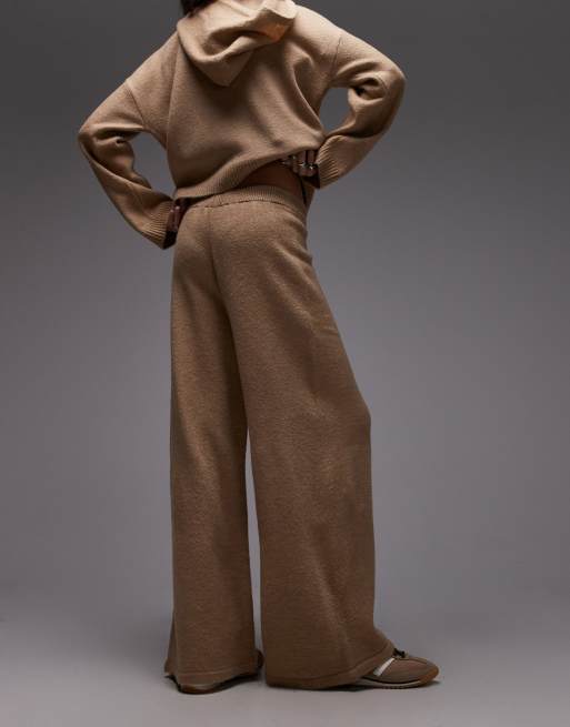 ASOS DESIGN fluffy knit wide leg pants in mocha - part of a set