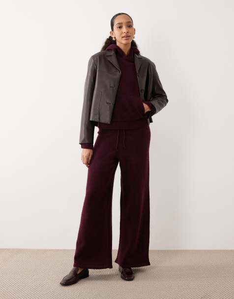 ASOS DESIGN fluffy knitted wide leg trousers co-ord in plum