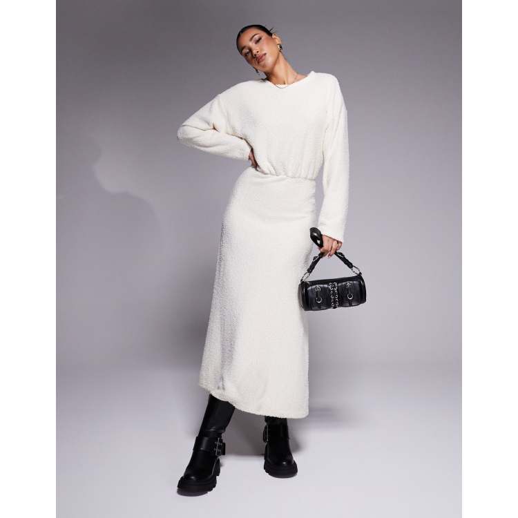 ASOS DESIGN fluffy long sleeve blouson midi dress in cream | ASOS