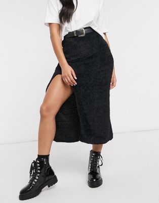 ASOS DESIGN fluffy midaxi skirt with thigh split detail in black | ASOS