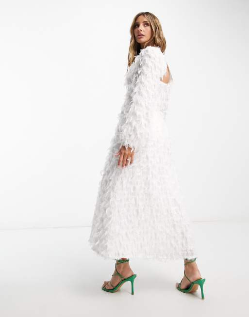 ASOS DESIGN fluffy midi dress with pleated waistbelt in cream , 2 of 4
