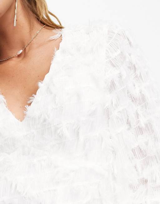 ASOS DESIGN fluffy midi dress with pleated waistbelt in cream , 3 of 4