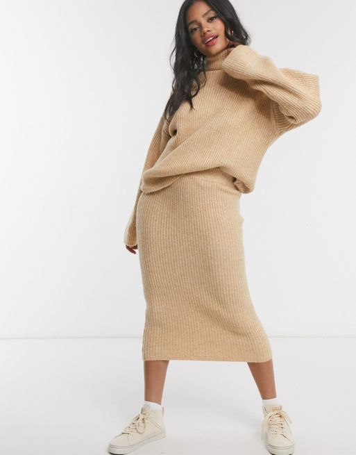 ASOS DESIGN fluffy roll neck sweater and skirt in camel