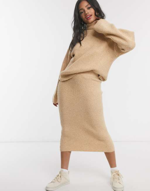 ASOS DESIGN fluffy roll neck sweater and skirt in camel, 3 of 3