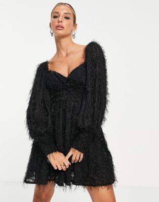 ASOS DESIGN fluffy mini dress with ruched bust and shirred cuffs in black