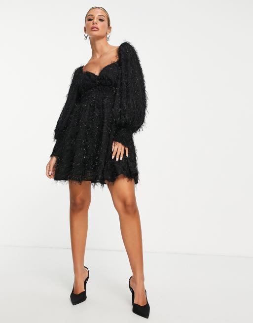 black fluffy mini dress Black Warehouse Fluffy Sequin Wrap Front Mini Dress