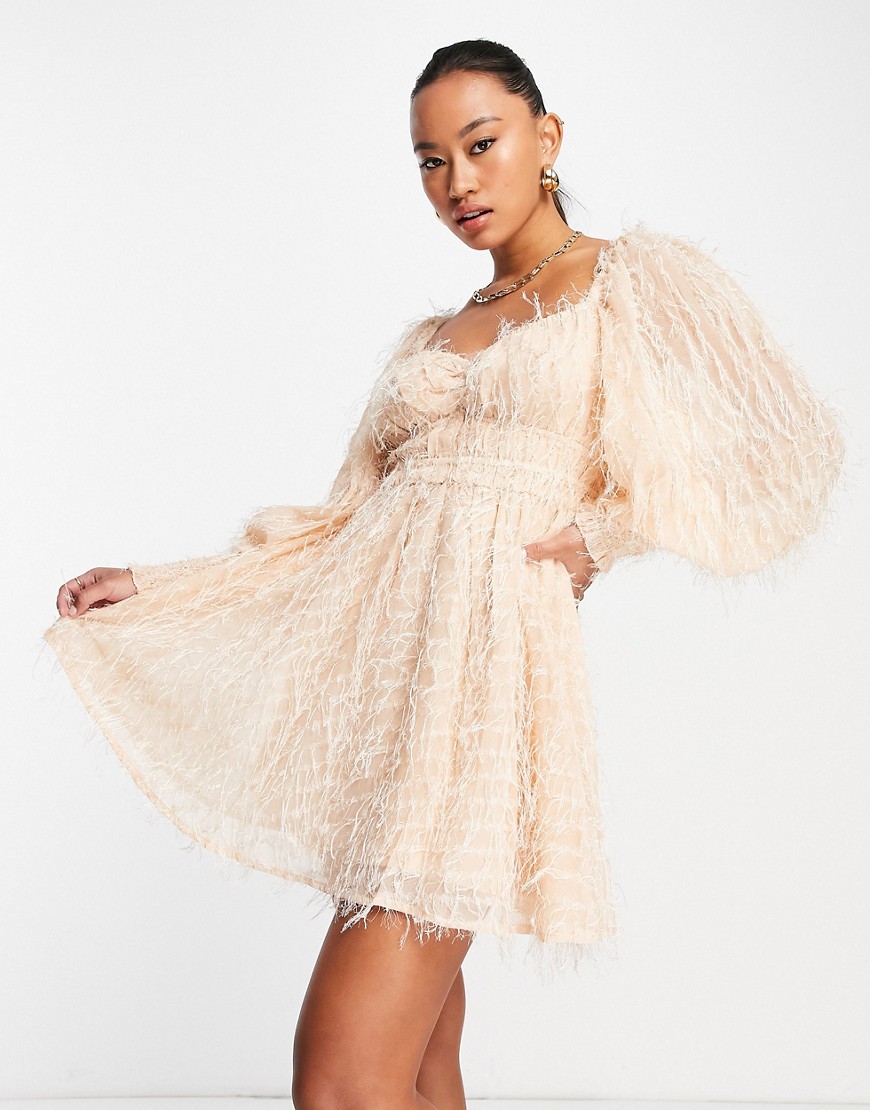 Shop Asos Design Fluffy Mini Dress With Ruched Bust And Shirred Cuffs In Pale Pink
