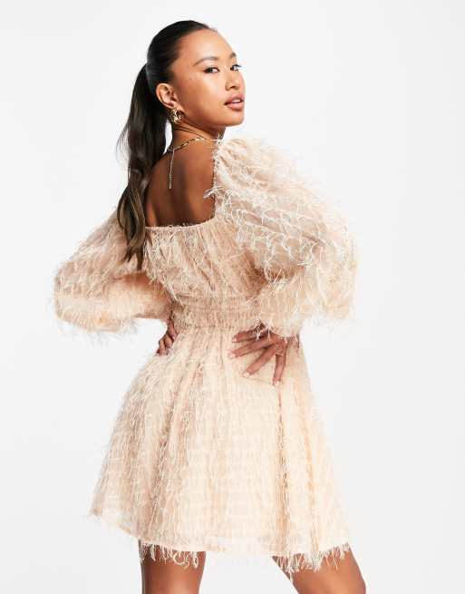 ASOS DESIGN fluffy mini dress with ruched bust and shirred cuffs in pale  pink