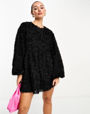 ASOS DESIGN fluffy mini smock dress in black