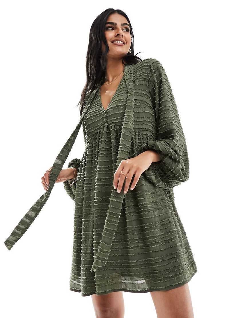ASOS DESIGN Fluffy mini smock dress in khaki-Green