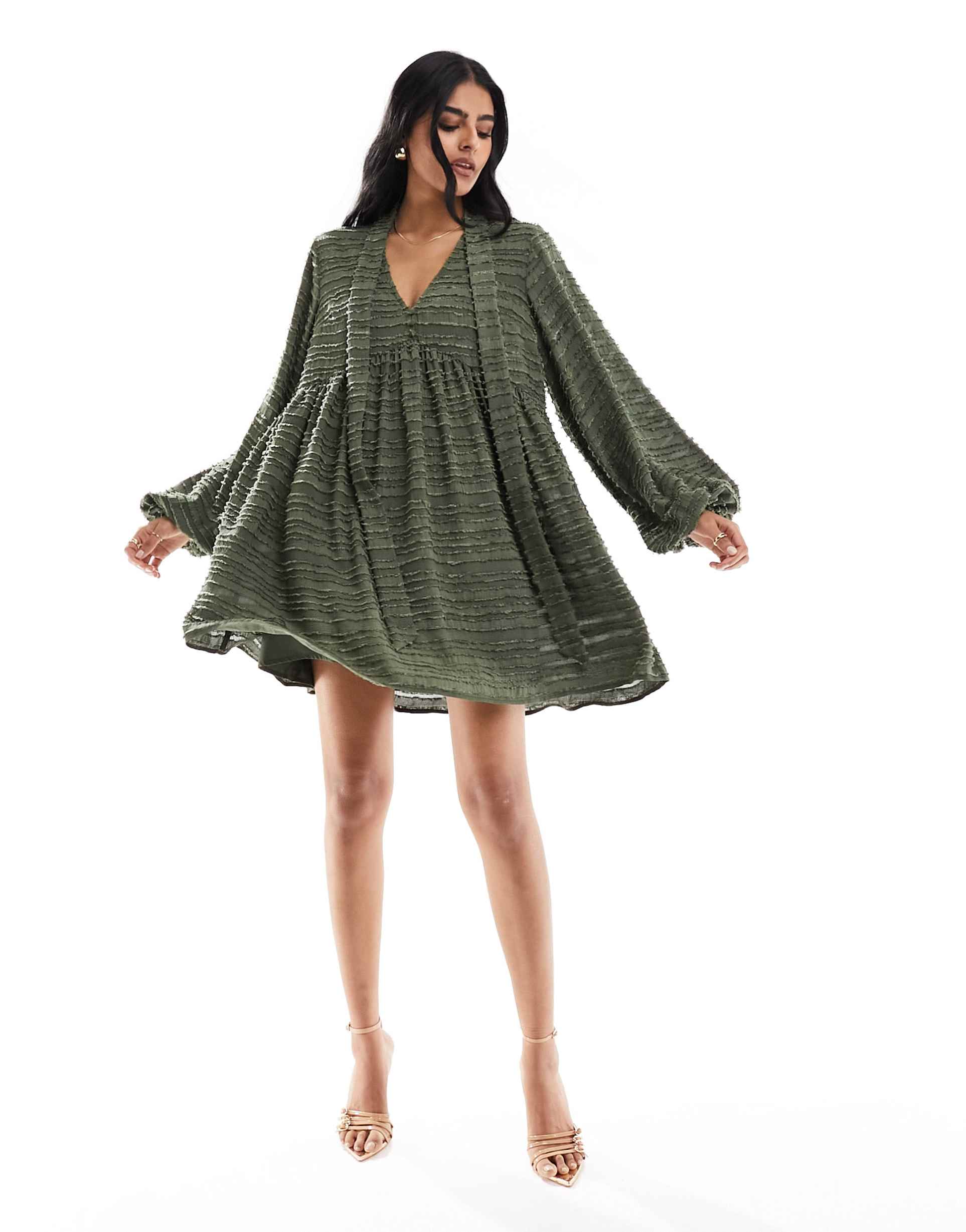 asos design fluffy mini smock dress in khaki