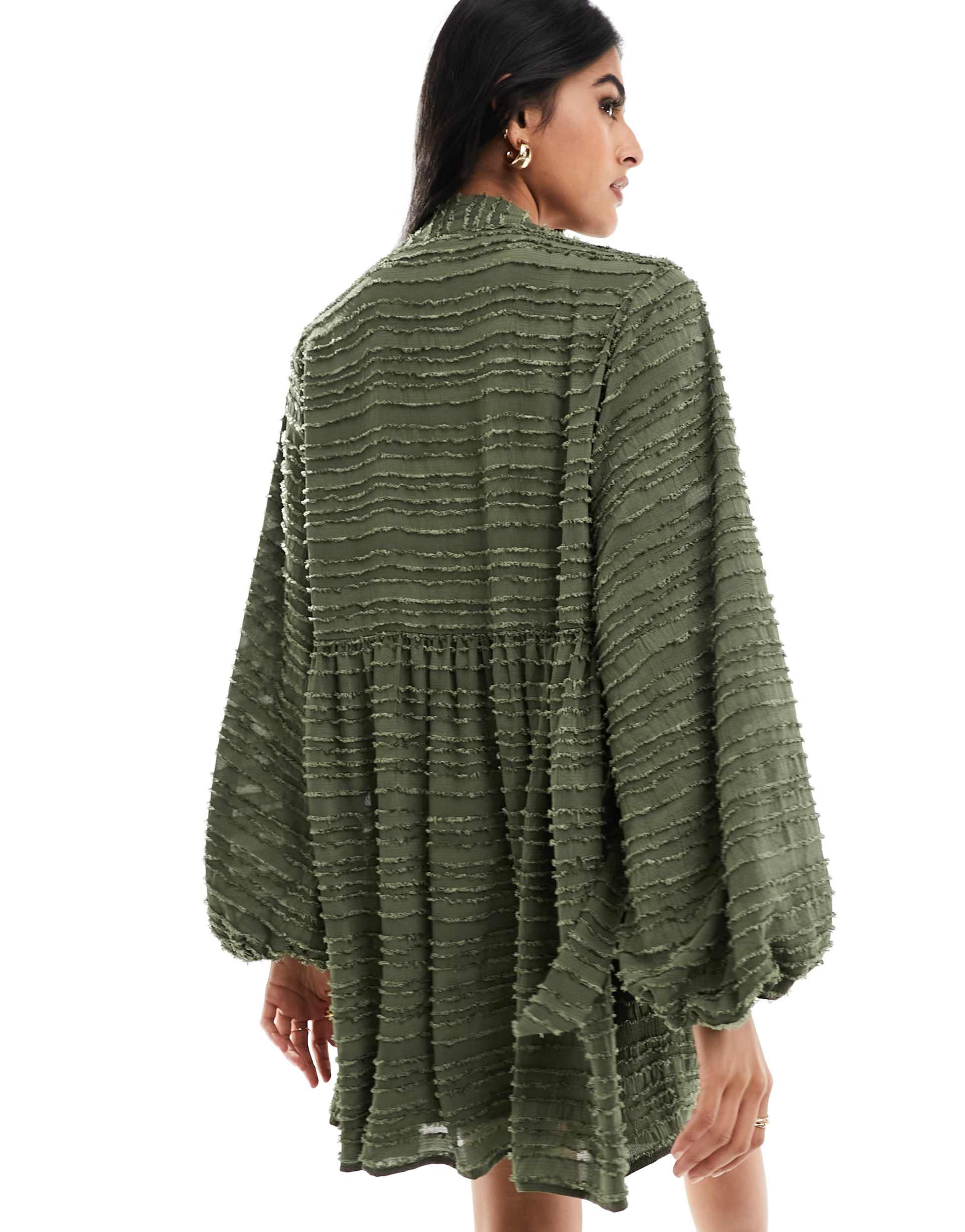 asos design fluffy mini smock dress in khaki