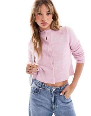 Asos Design Fluffy Neat Fit Cardigan In Pink