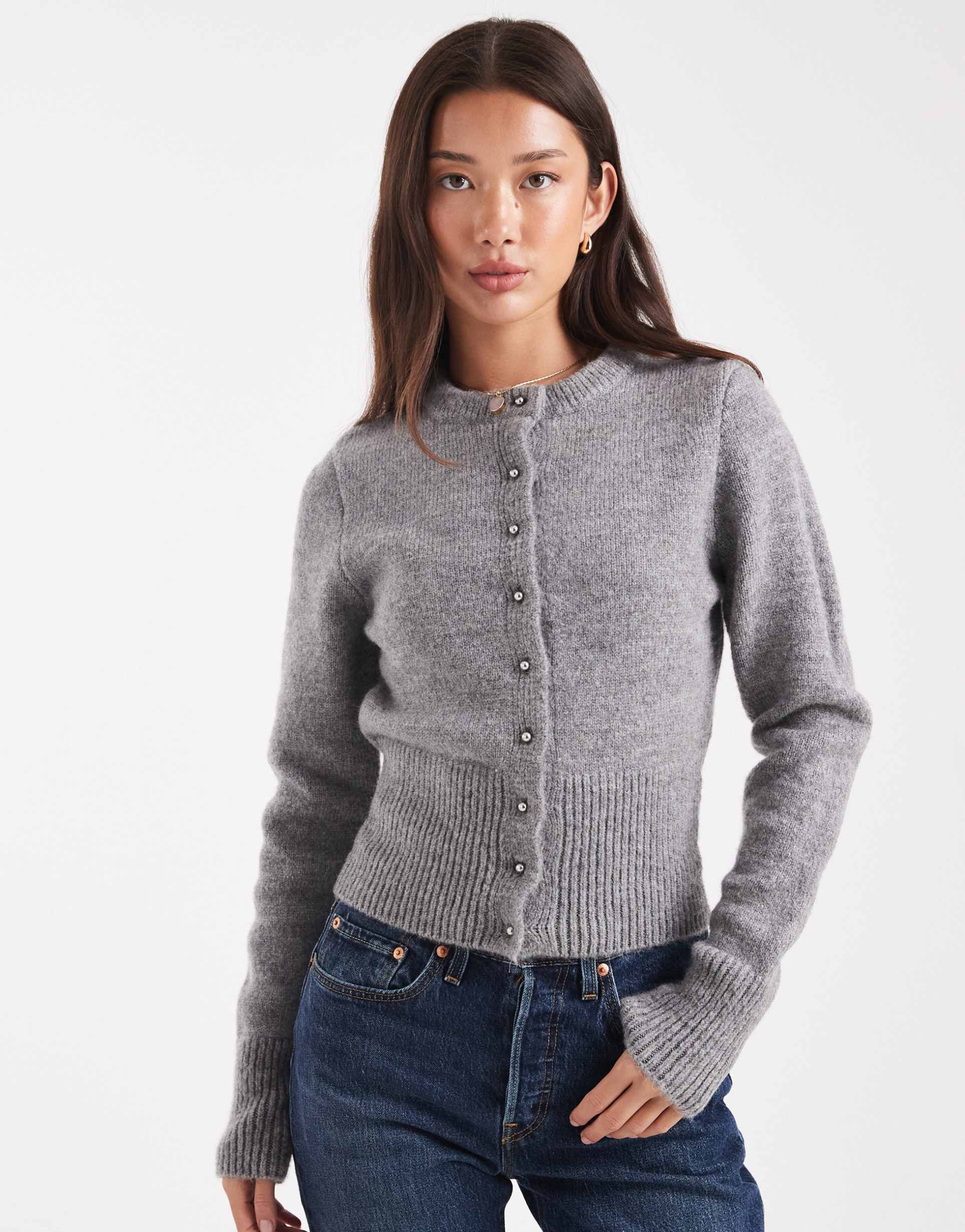 asos design fluffy neat fit knit cardigan in gray
