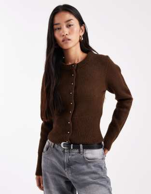 Asos Design Fluffy Neat Fit Knit Cardigan-brown