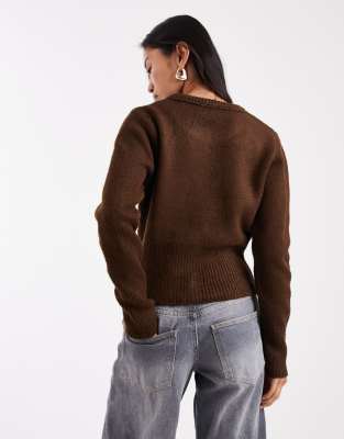 Asos Design Fluffy Neat Fit Knit Cardigan-brown In Brown