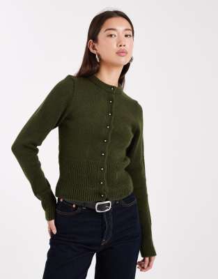 ASOS DESIGN ASOS DESIGN fluffy neat fit knitted cardigan in khaki-Green