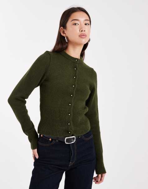 ASOS DESIGN fluffy neat fit knitted cardigan in khaki - view 1