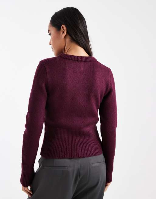 ASOS DESIGN fluffy neat fit knitted cardigan in plum, 2 of 4