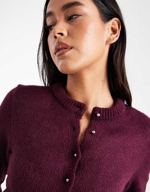 ASOS DESIGN fluffy neat fit knitted cardigan in plum, 3 of 4