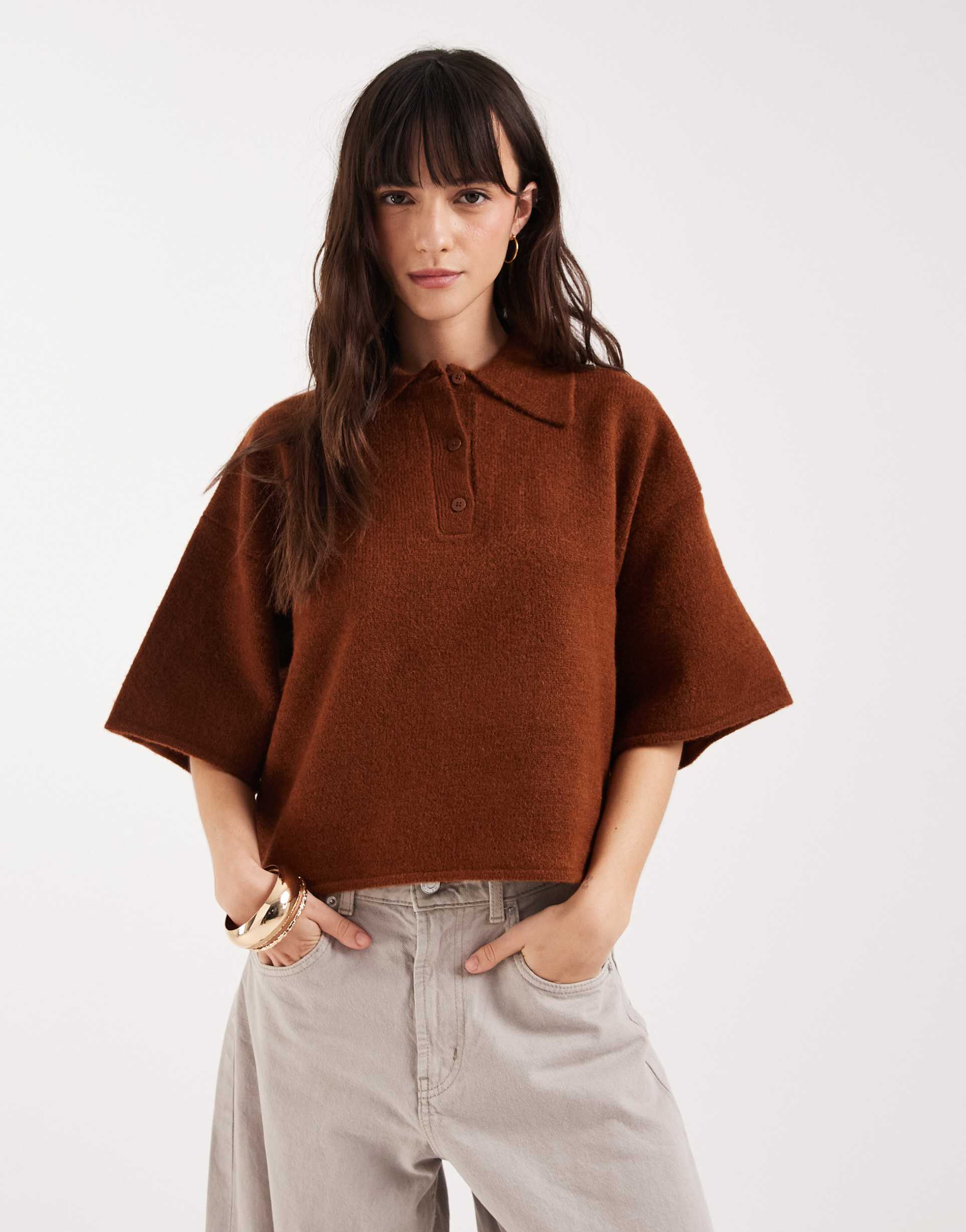 asos design fluffy neat fit polo shirt in toffee