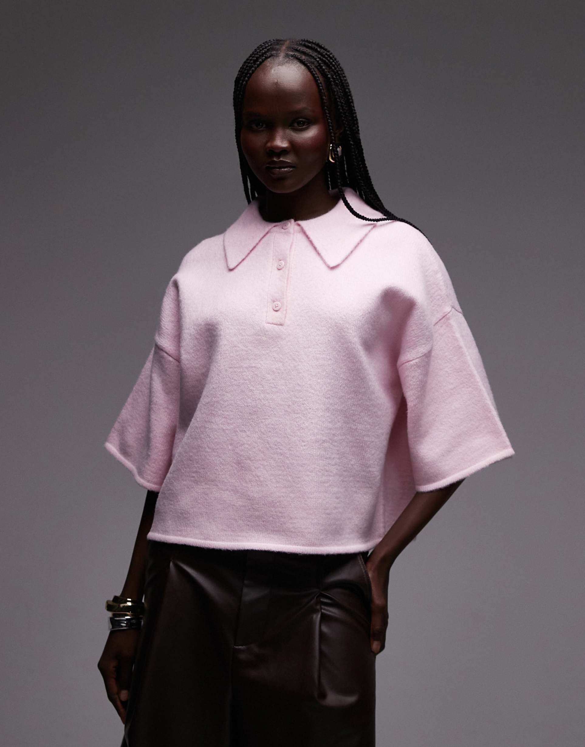 asos design fluffy neat fit polo top in pink