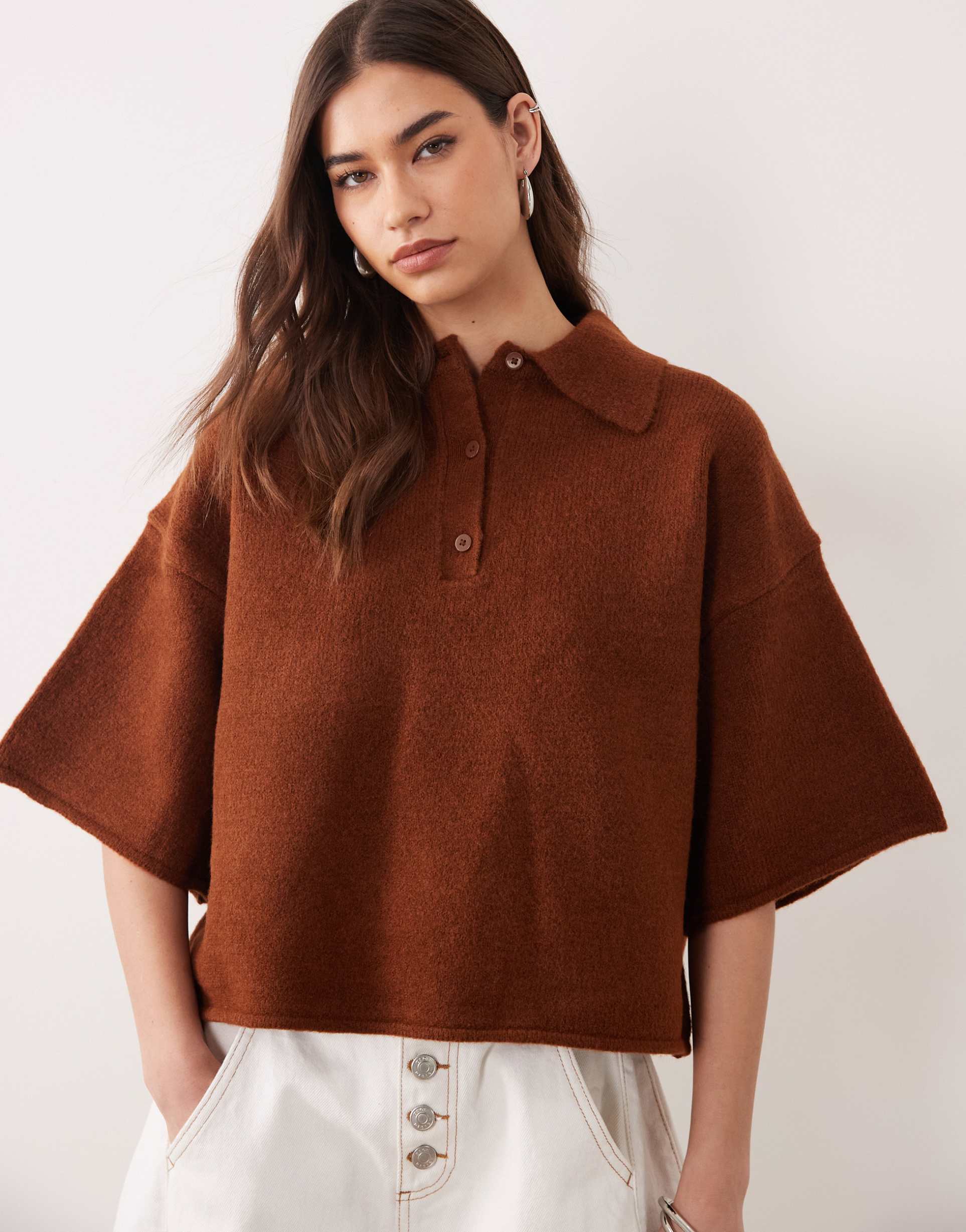 asos design fluffy neat fit polo top in toffee