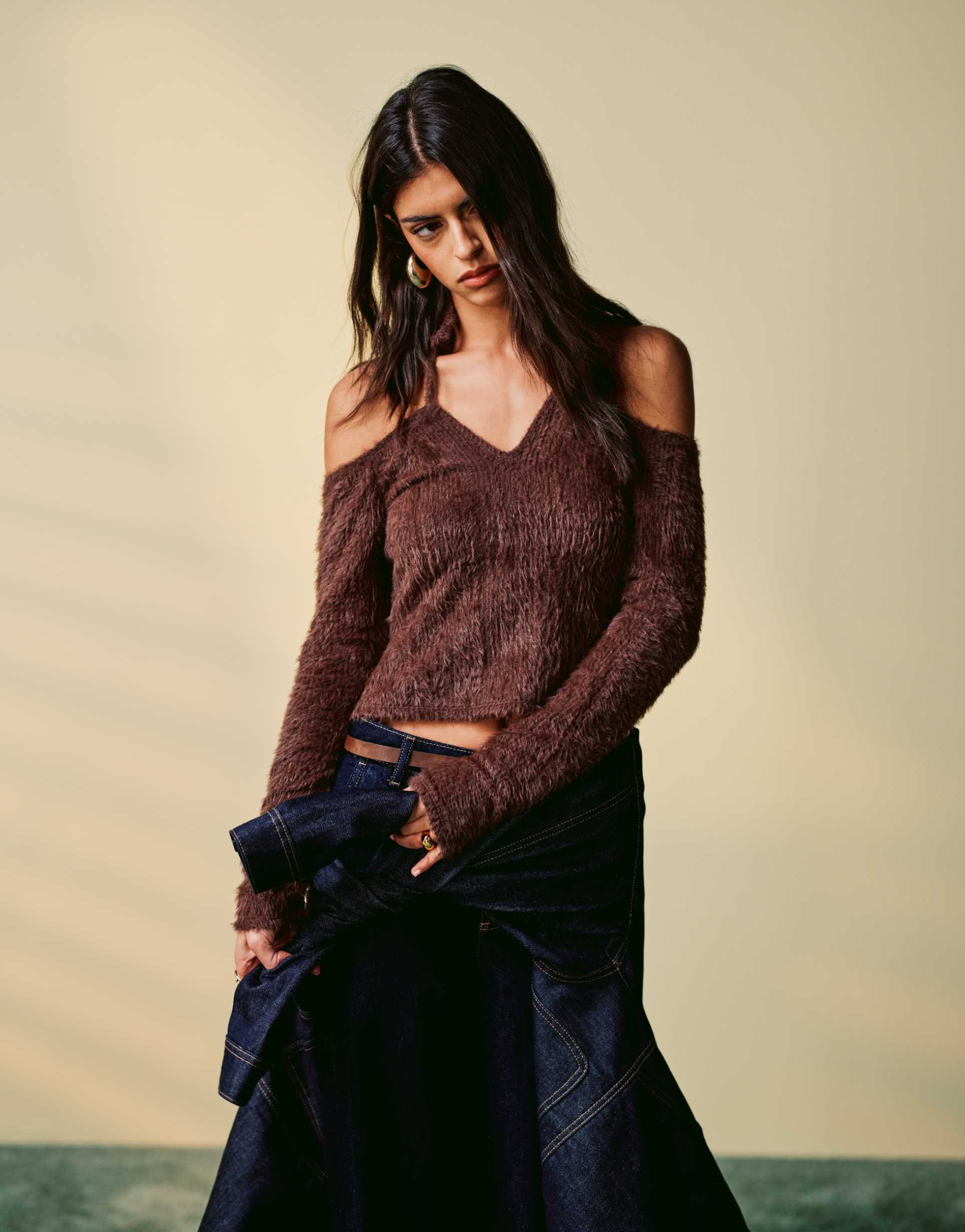 asos design fluffy off shoulder halterneck long sleeve top in chocolate