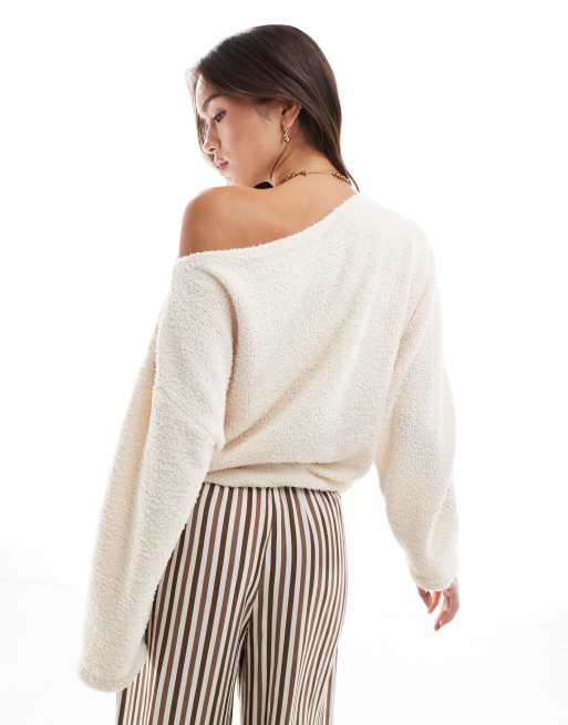 ASOS DESIGN fluffy off shoulder jumper in cream