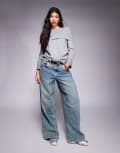 [ASOS DESIGN] ASOS DESIGN fluffy off shoulder jumper with wide cuff in grey M Grey