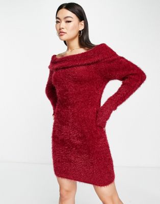 ASOS DESIGN off shoulder jumper dress in fluffy yarn in dark red