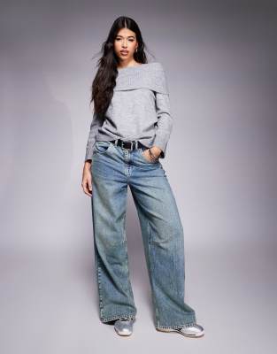 Asos Design Fluffy Off Shoulder Sweater With Wide Cuff In Gray