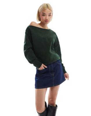 fluffy one-shoulder sweater in forest green