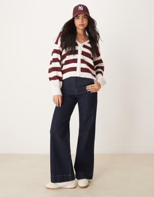 Asos Design Fluffy Oversized Cardigan In Burgundy Stripe-multi