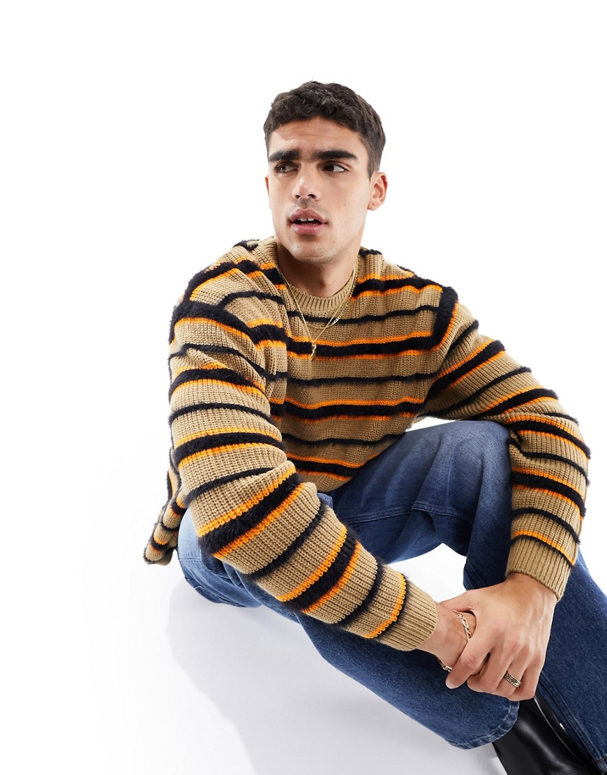 ASOS DESIGN fluffy oversized jumper in stone and black stripe-Neutral