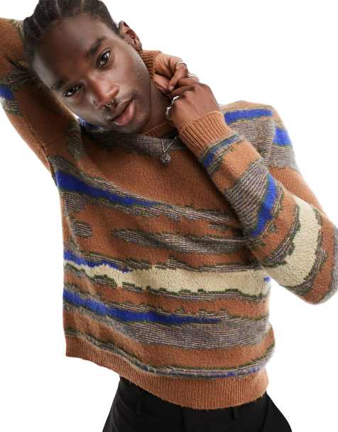 ASOS DESIGN fluffy oversized jumper with abstract stripes in brown with texture - view 1