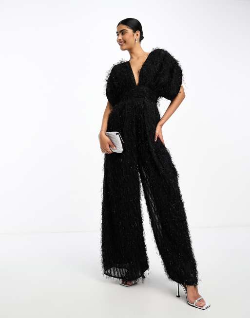 ASOS DESIGN fluffy plunge jumpsuit in black